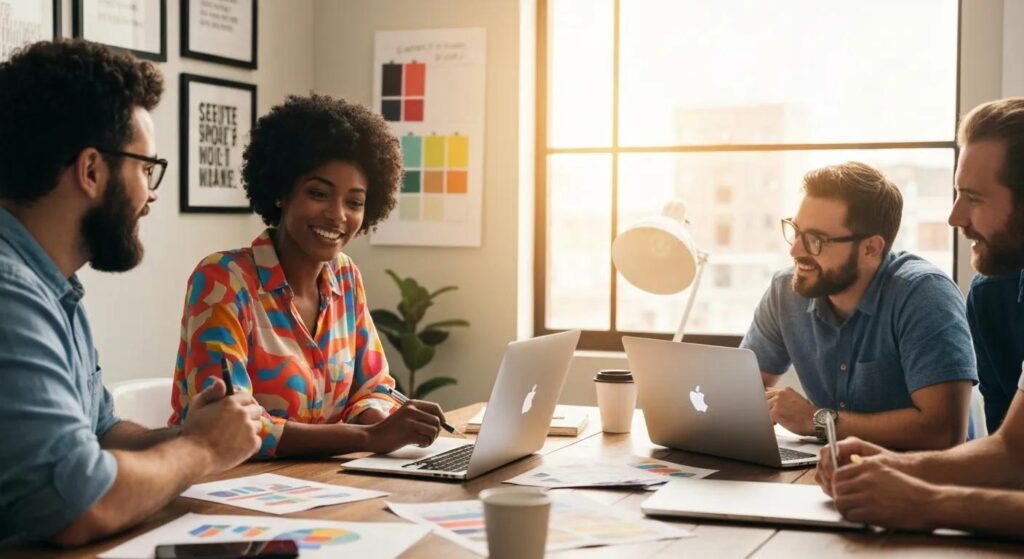 A content marketing team brainstorming ideas with laptops and creative materials in a collaborative setting