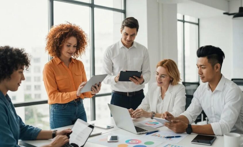 A diverse team of marketing professionals collaborating in a modern office, showcasing teamwork and digital marketing tools