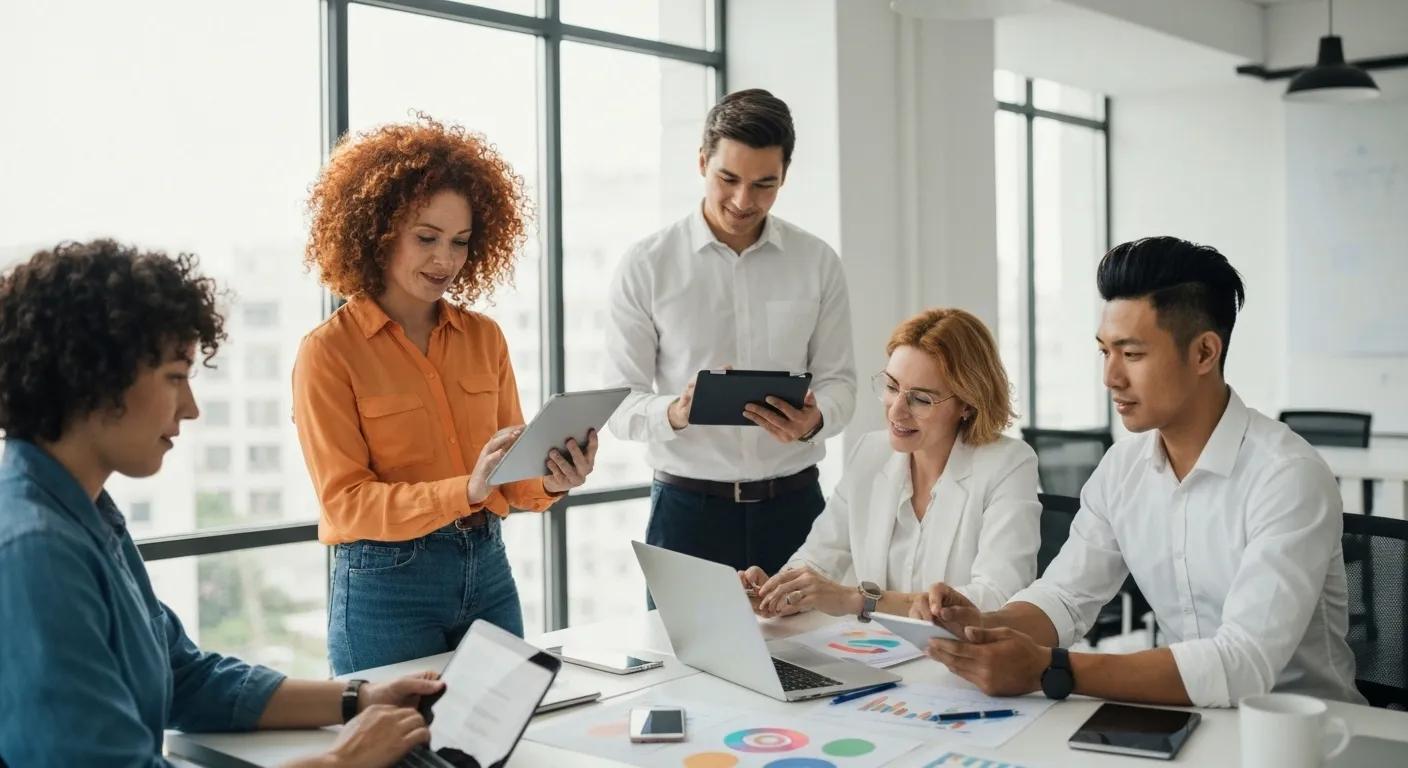 A diverse team of marketing professionals collaborating in a modern office, showcasing teamwork and digital marketing tools