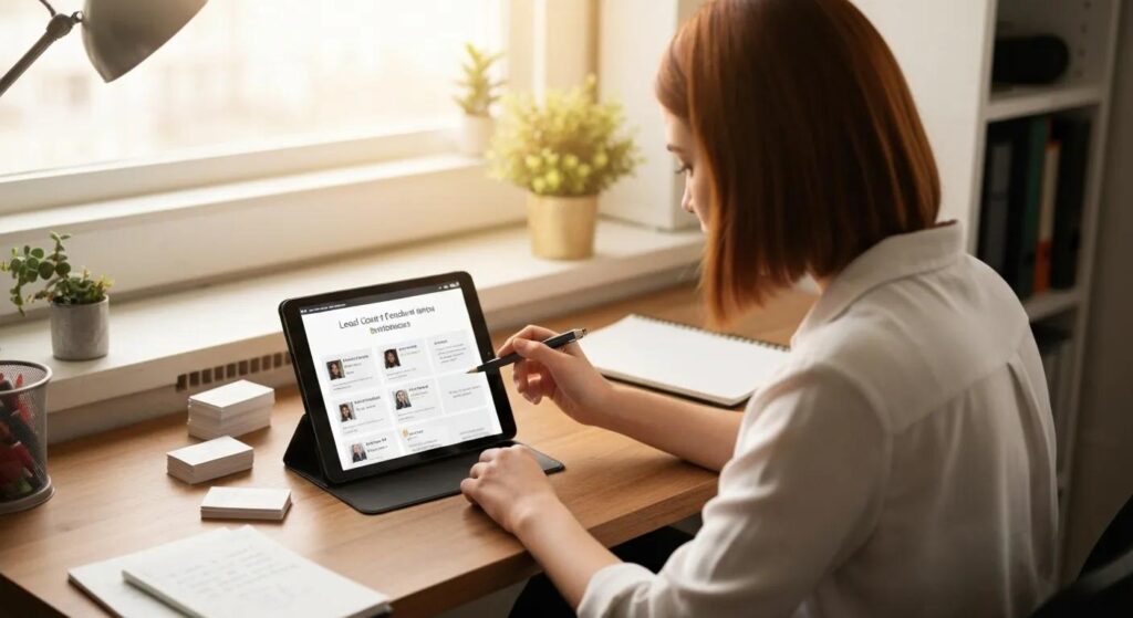 A small business owner reviewing customer feedback on a tablet, emphasizing the importance of local citations and online reviews