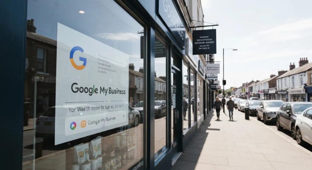 Local business storefront with Google Business Profile sign, emphasizing effective local SEO strategies
