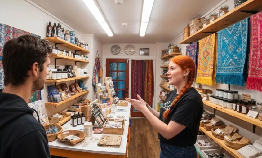 A small business owner actively engaging with customers in their local shop, emphasizing the power of local SEO