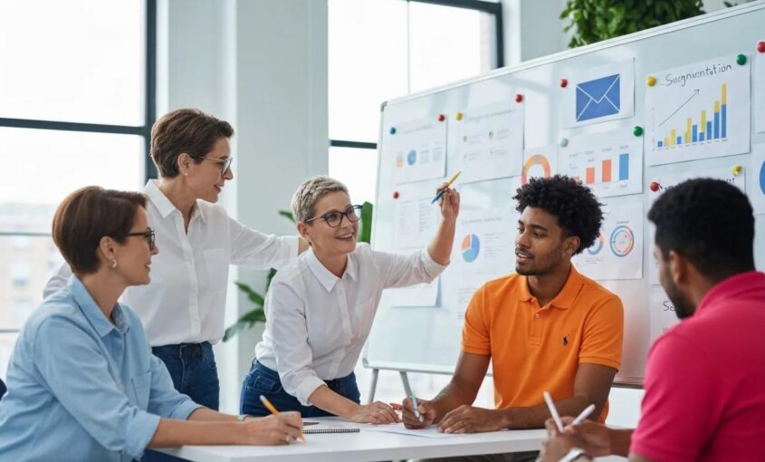 A dynamic team collaborating on email segmentation strategies in a modern, bright workspace