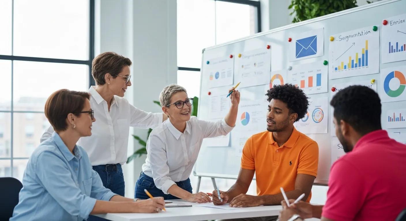 A dynamic team collaborating on email segmentation strategies in a modern, bright workspace