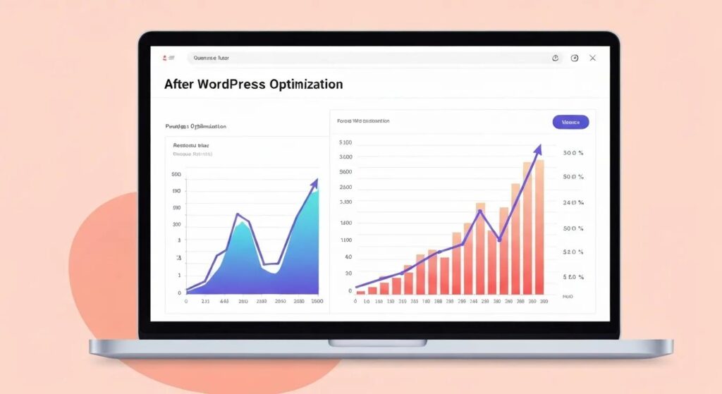 Illustration of a laptop screen showing performance graphs improving after WordPress optimization.