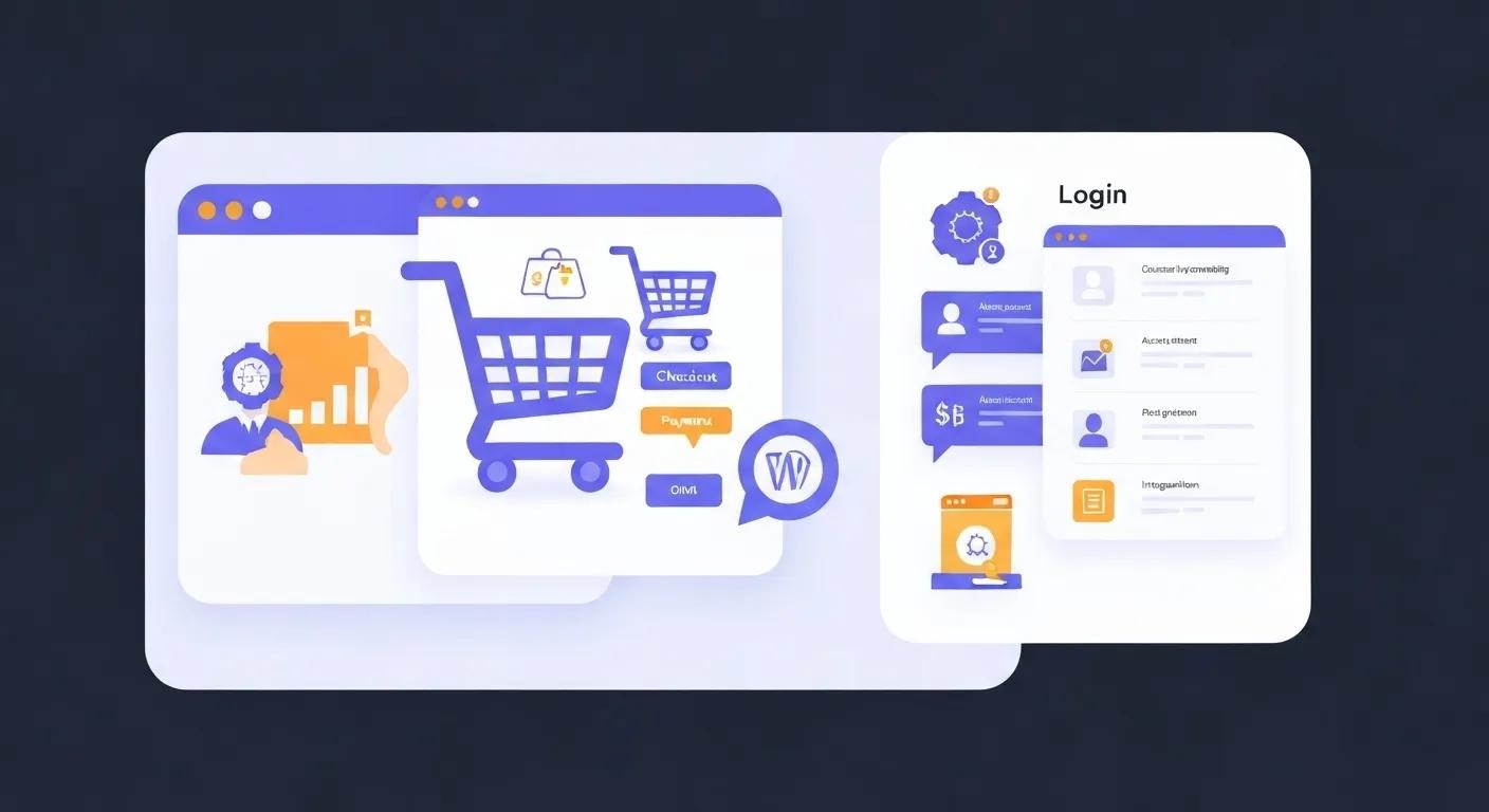 An illustration that represents different things that can impact WordPress Development Pricing. Featuring a shopping cart to indicate e-commerce, a login screen for account management capabilities, and related factors.