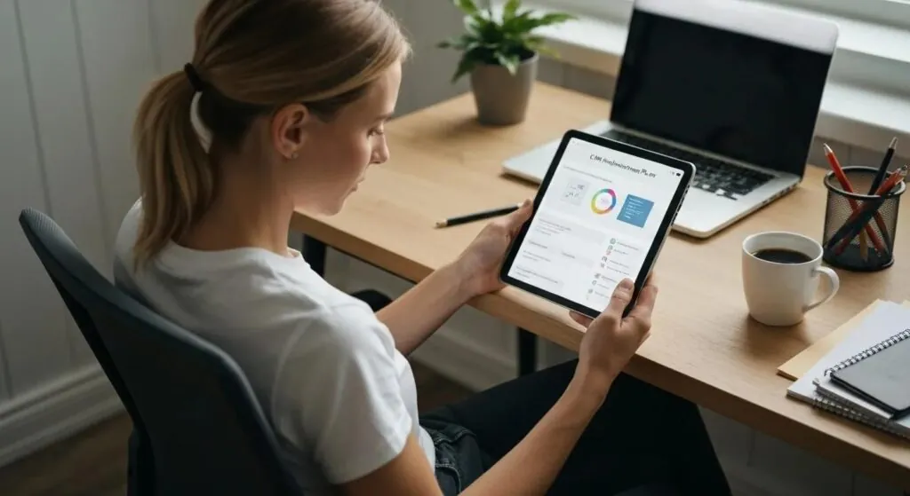 A small business owner intently reviewing a CRM implementation plan on a tablet while seated at their desk.