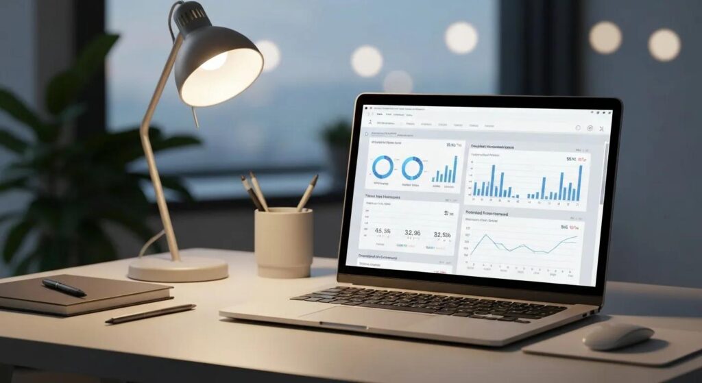 A modern office desk setup featuring a laptop displaying advanced paid keyword research tools for in-depth SEO analysis