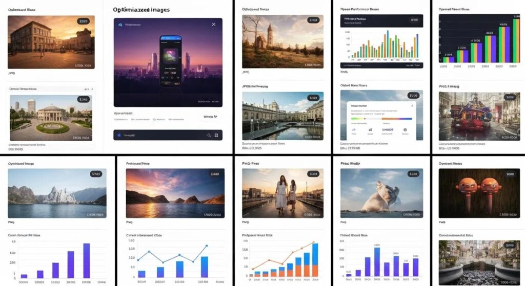 A dynamic collage showcasing optimized images in various formats, accompanied by visual representations of speed improvements.