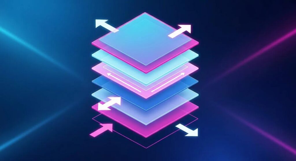 Abstract concept of stacked layers or files with arrows, illustrating WordPress caching processes