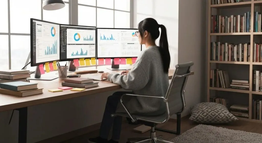 A content creator in a cozy, well-lit workspace diligently developing high-quality, entity-rich content