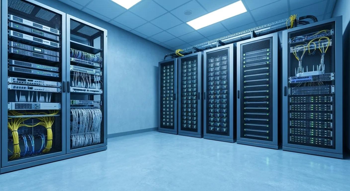A state-of-the-art server room, symbolizing the critical services of website hosting and ongoing maintenance
