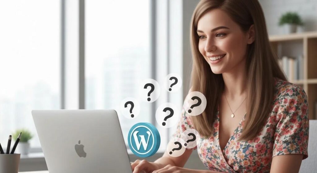 Illustration of a small business owner at a laptop with floating icons of question marks and the WordPress logo to represent having questions about local WordPress design services.
