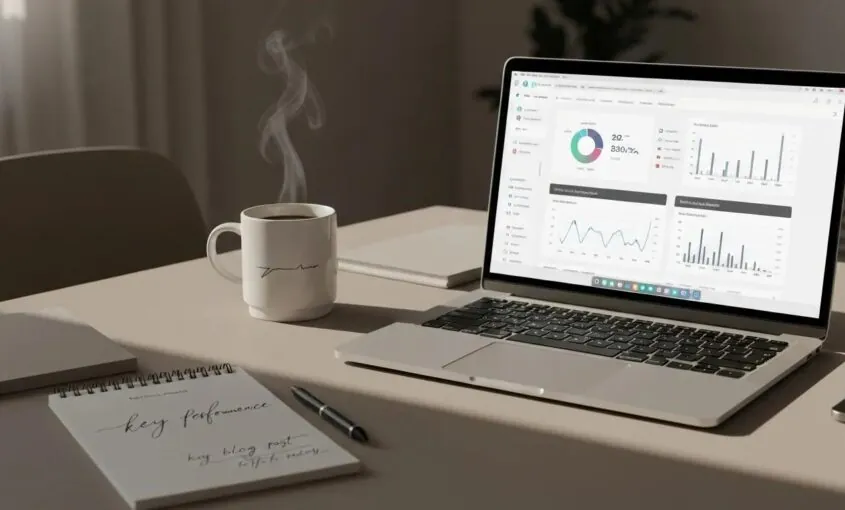 Sleek modern workspace featuring a laptop displaying a WordPress dashboard, a steaming coffee mug, and a notepad with key performance metrics.