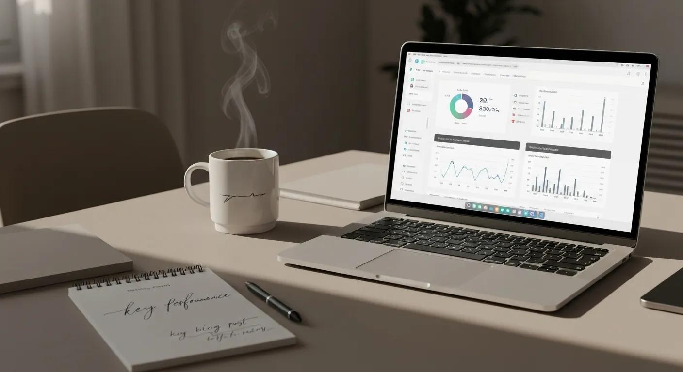 Sleek modern workspace featuring a laptop displaying a WordPress dashboard, a steaming coffee mug, and a notepad with key performance metrics.