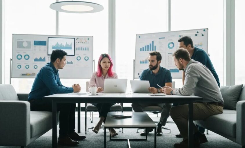 A dynamic team strategizing digital marketing campaigns in a modern, collaborative workspace