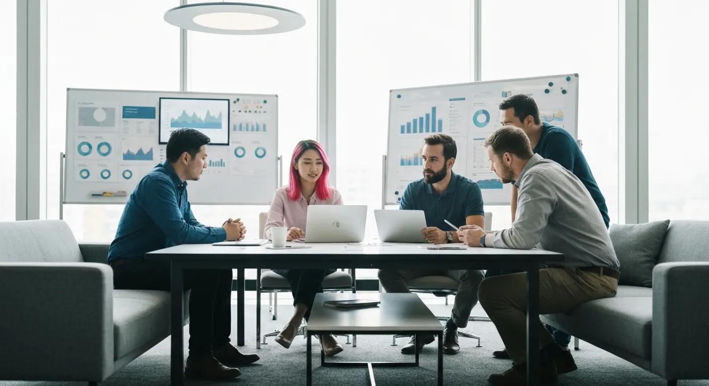 A dynamic team strategizing digital marketing campaigns in a modern, collaborative workspace