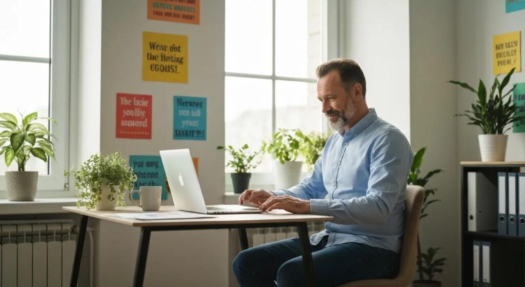 A small business owner reviewing email marketing analytics with a smile in a cozy office setting