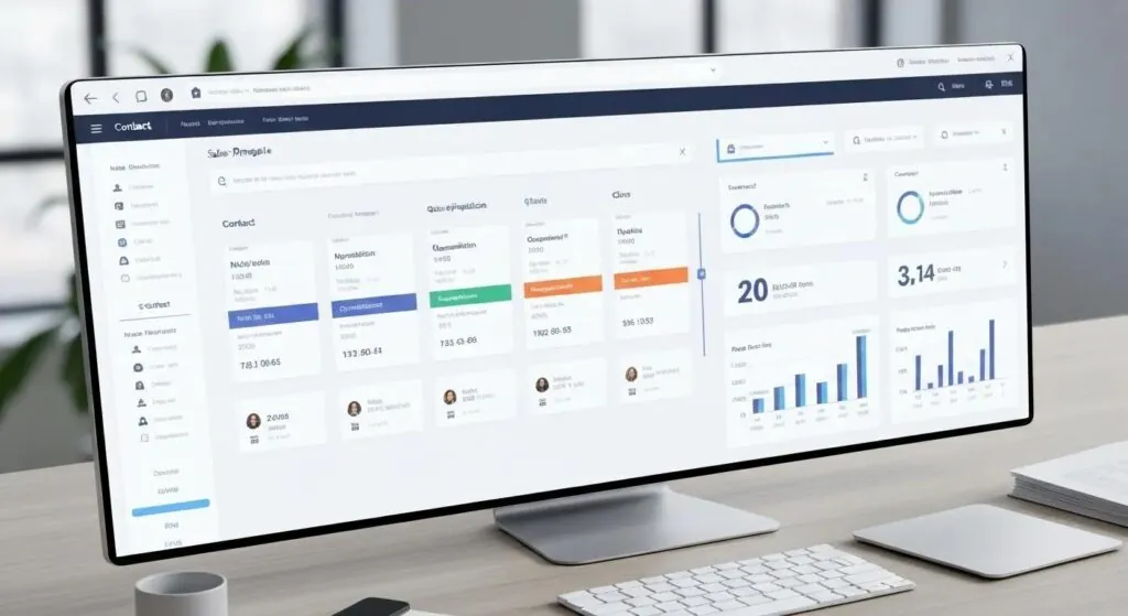 A detailed view of a sleek CRM dashboard showcasing organized contact records and a clear sales pipeline within a productive and modern workspace.