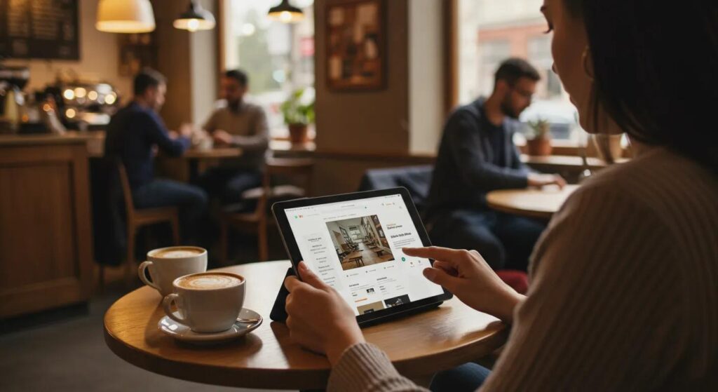 User interacting with a responsive website on a tablet in a cozy coffee shop, highlighting user experience