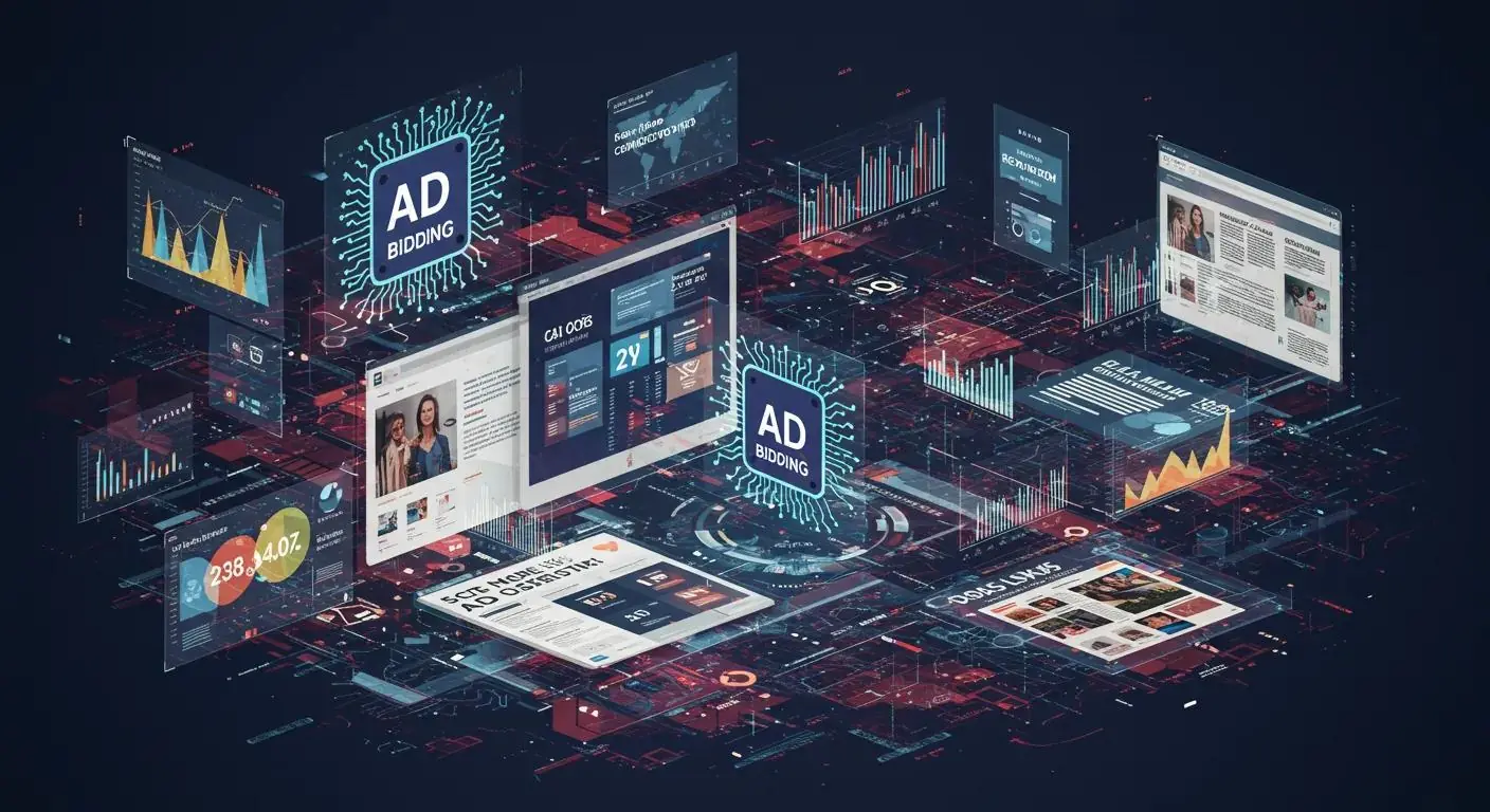 Illustration of a digital ad landscape with AI-driven bidding icons and data overlays