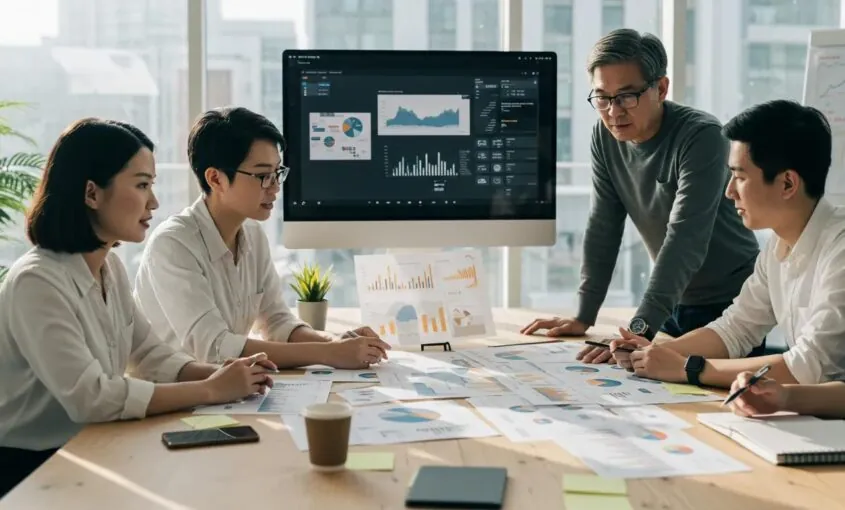 A team of marketers strategizing around a table with data visualizations