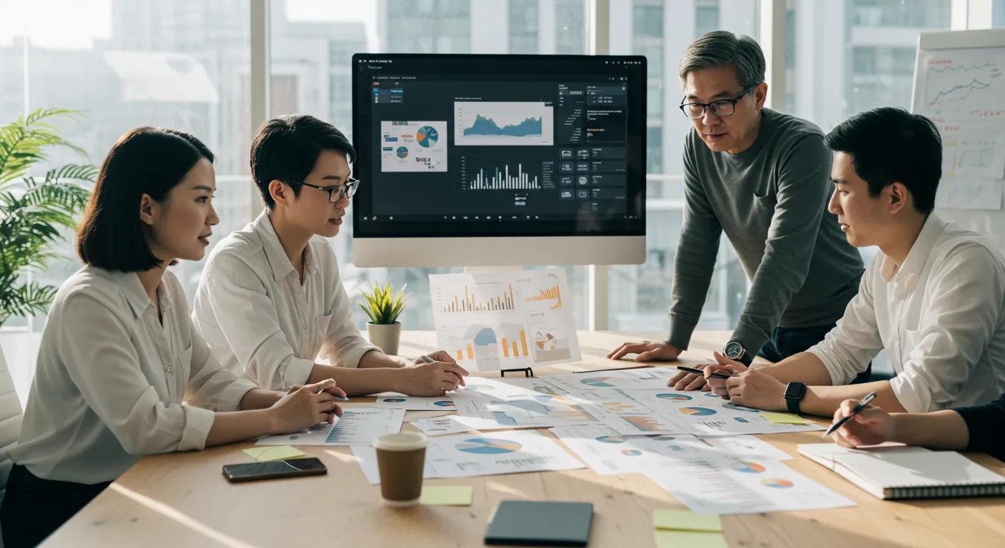 A team of marketers strategizing around a table with data visualizations