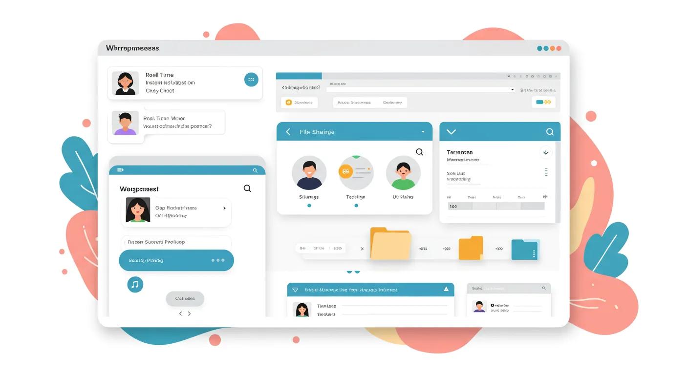 Illustration of a WordPress dashboard displaying chat, file sharing, and project management tools symbolizing client collaboration and transparency