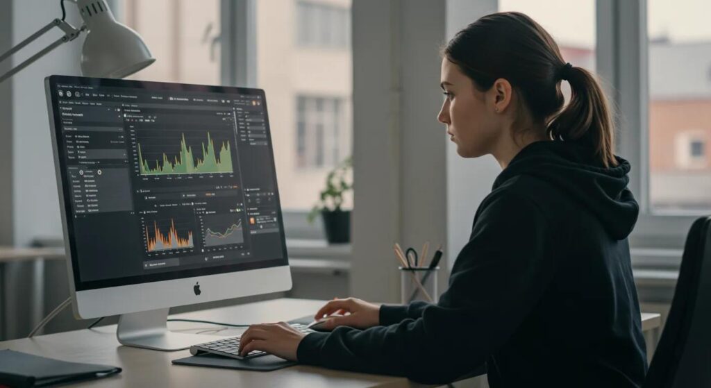 Cybersecurity professionals monitoring a computer dashboard displaying WordPress security alerts and protection status