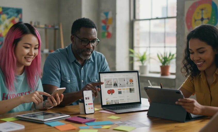 Diverse individuals using smartphones, tablets, and laptops in a modern workspace, emphasizing responsive design