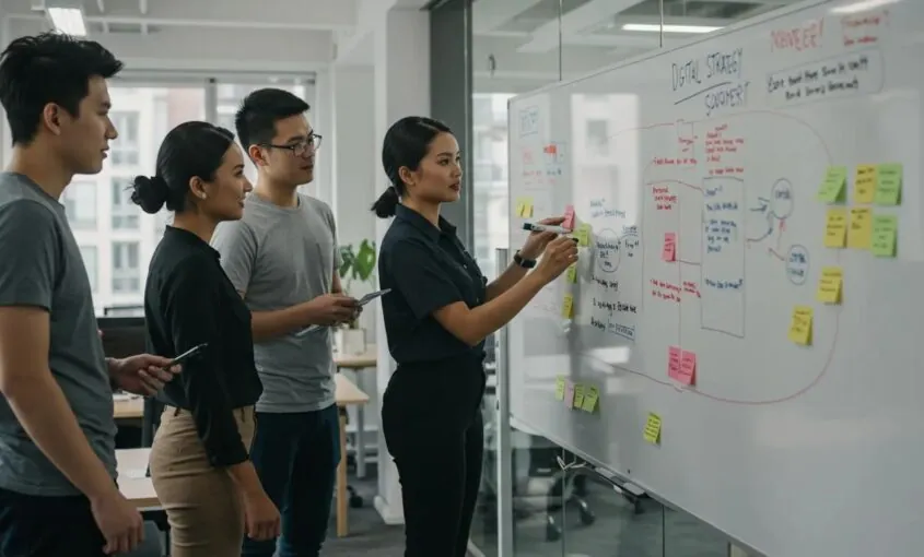 Professionals collaborating on digital strategy development in a modern office setting