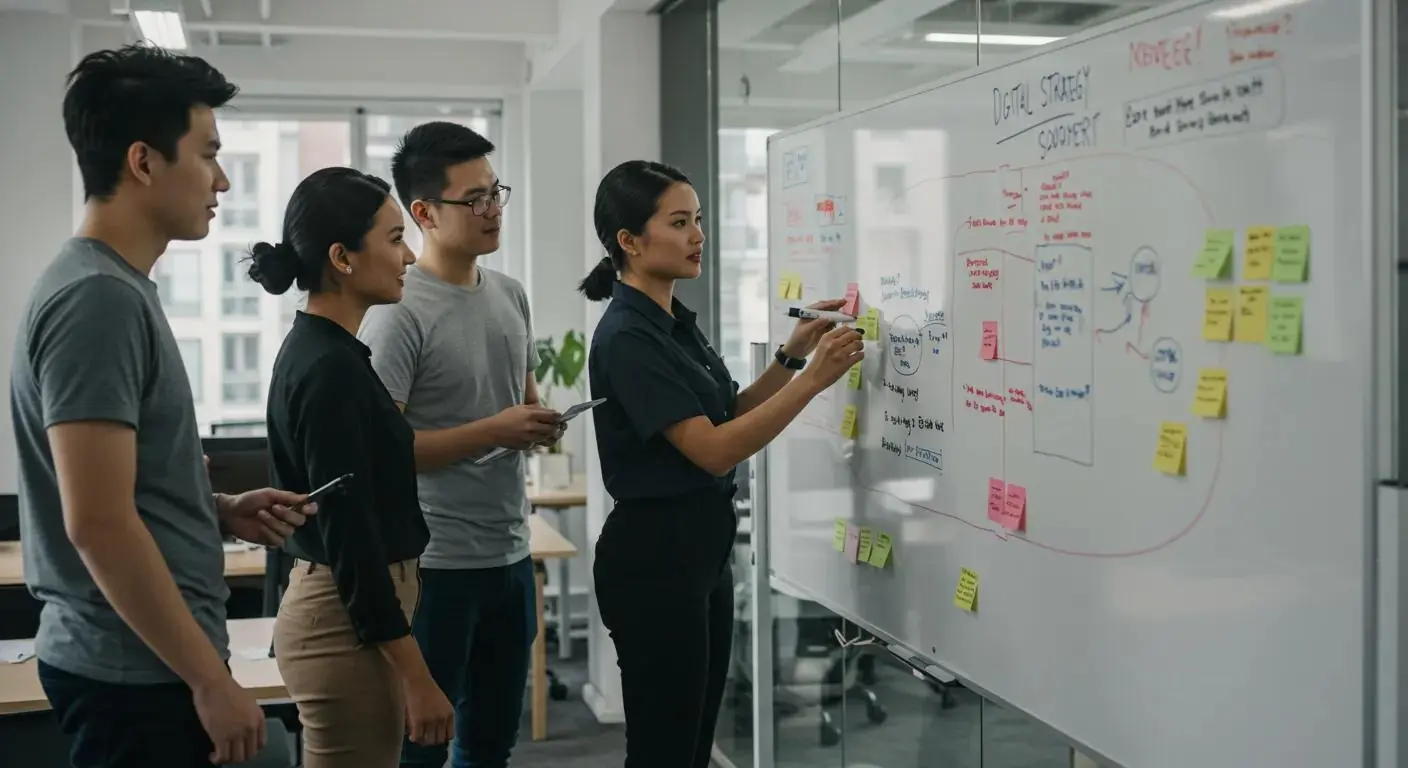 Professionals collaborating on digital strategy development in a modern office setting