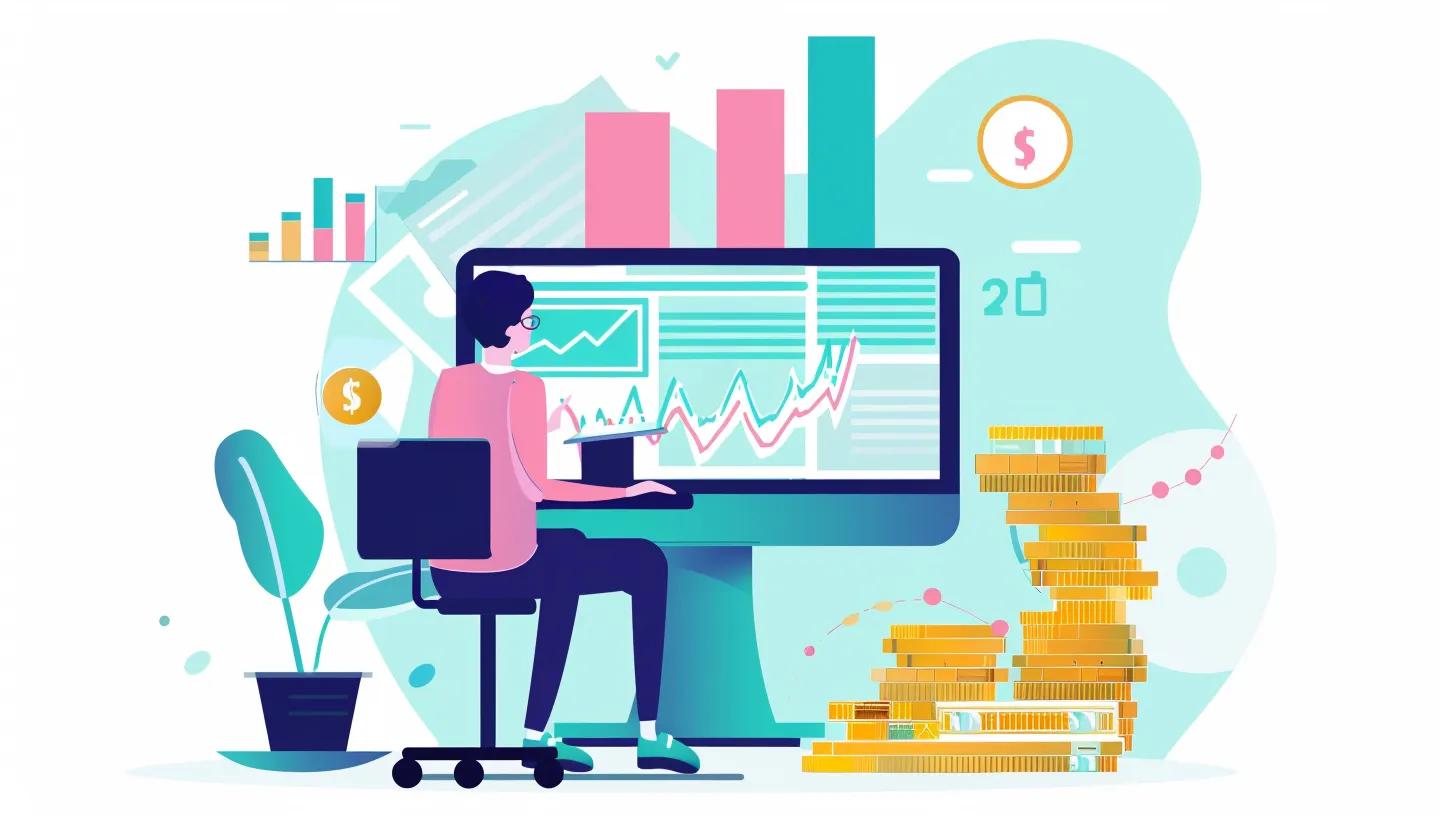 illustration showing person sitting at desk working on the computer, a dollar sign in the background, and a stack of gold coins representing ROI from web design