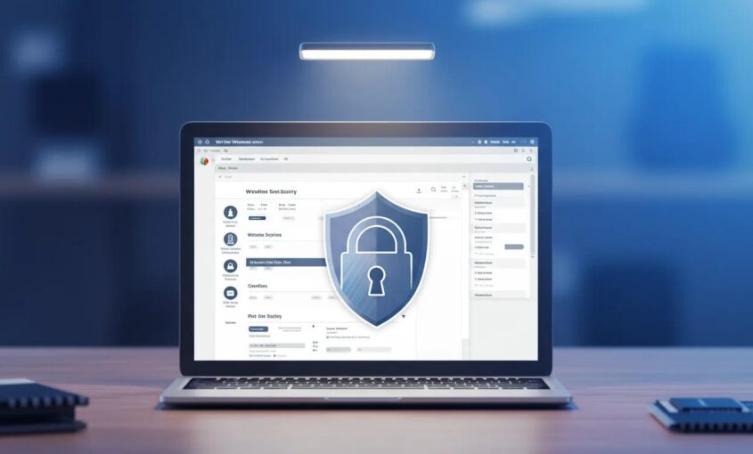 Shielded WordPress website environment with a laptop and a prominent padlock icon