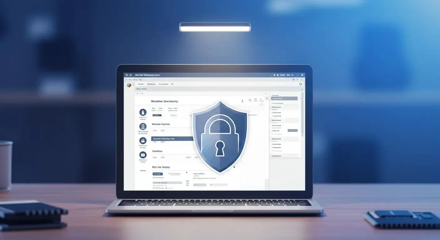 Shielded WordPress website environment with a laptop and a prominent padlock icon