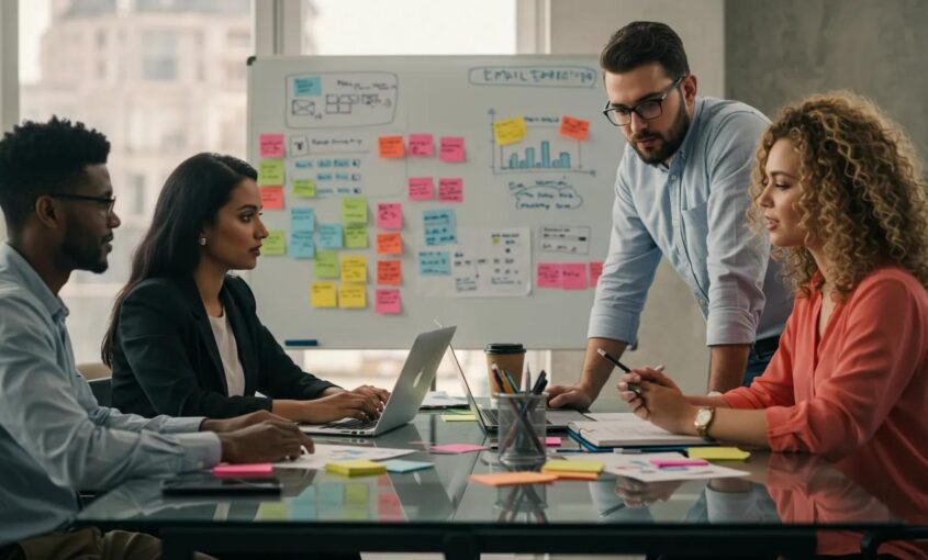 A dynamic team of professionals collaborating, strategizing around email marketing with laptops and visual aids.