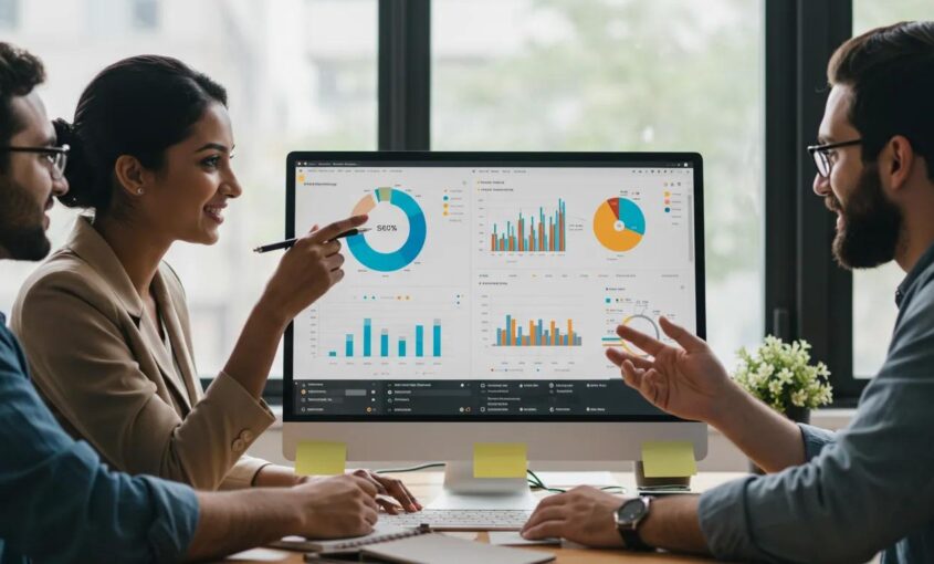 Small business team collaborating around a marketing analytics dashboard, showcasing user-friendly visualizations
