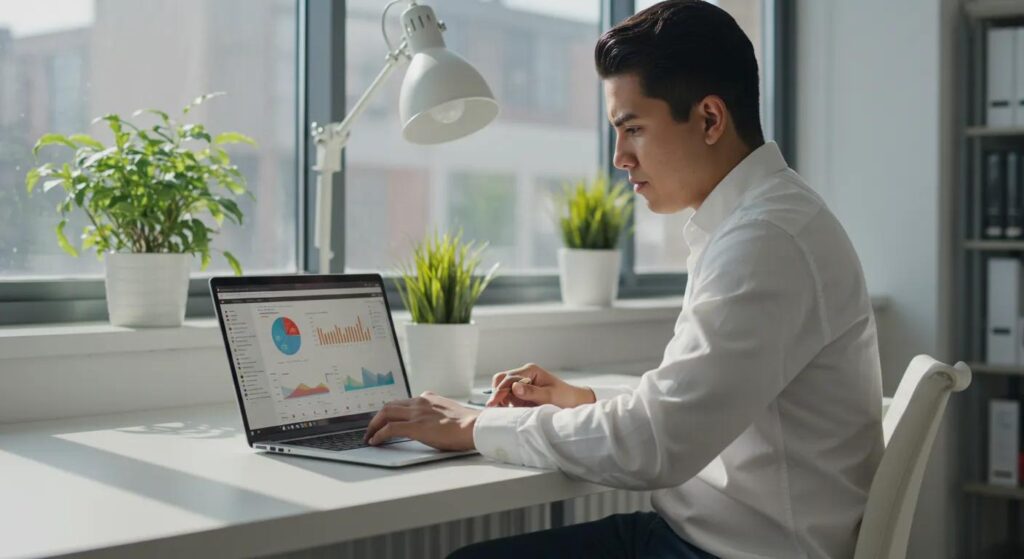 A person intently analyzing Google Analytics data on a laptop in a bright, modern office environment.