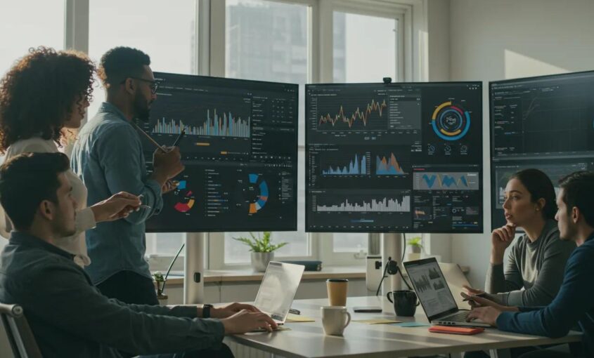 A team of marketing professionals collaborating, analyzing digital campaign data on screens in a modern office setting.