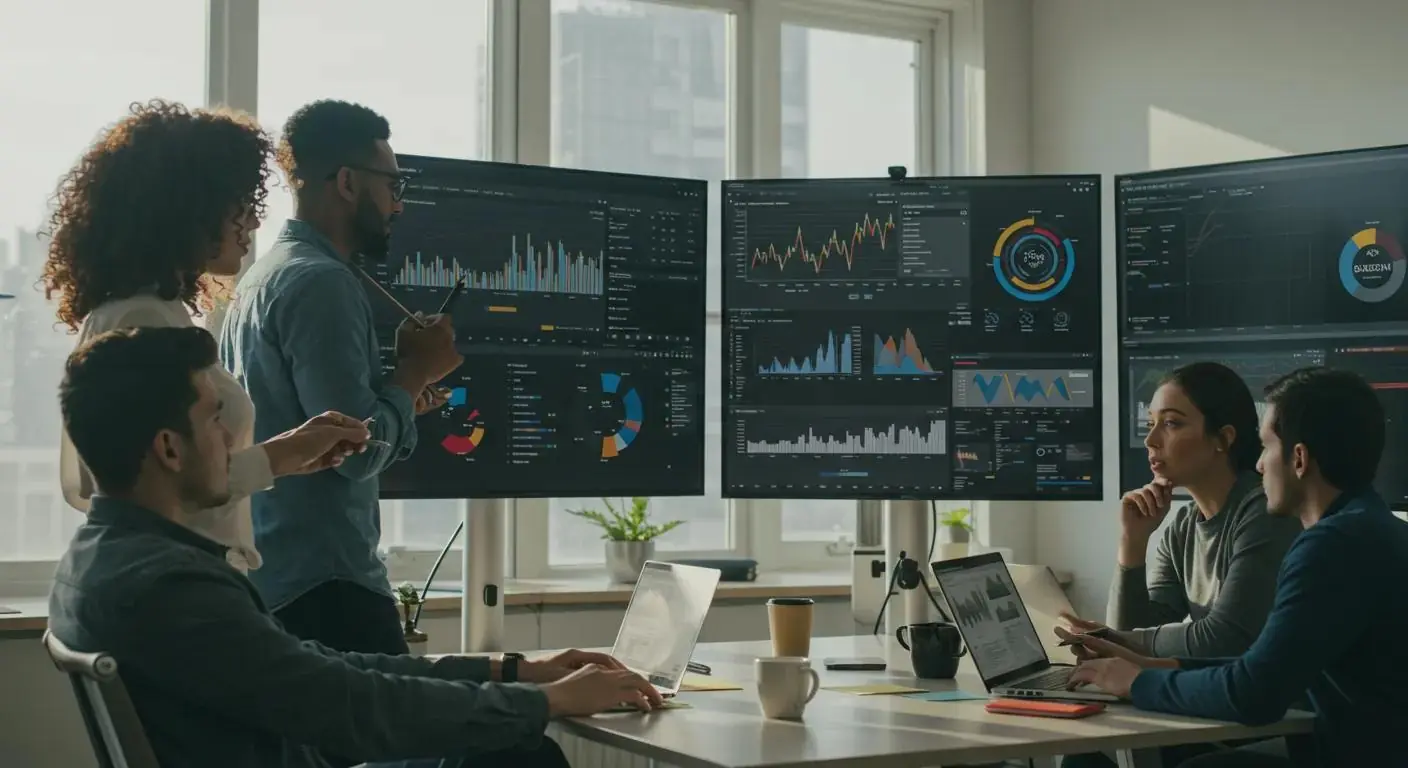 A team of marketing professionals collaborating, analyzing digital campaign data on screens in a modern office setting.