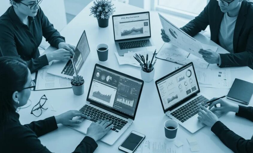 Marketers analyzing PPC performance charts on laptops