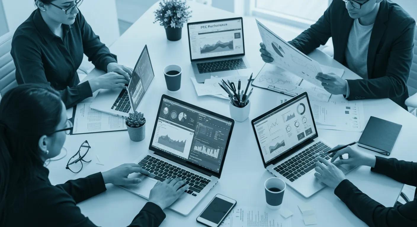 Marketers analyzing PPC performance charts on laptops