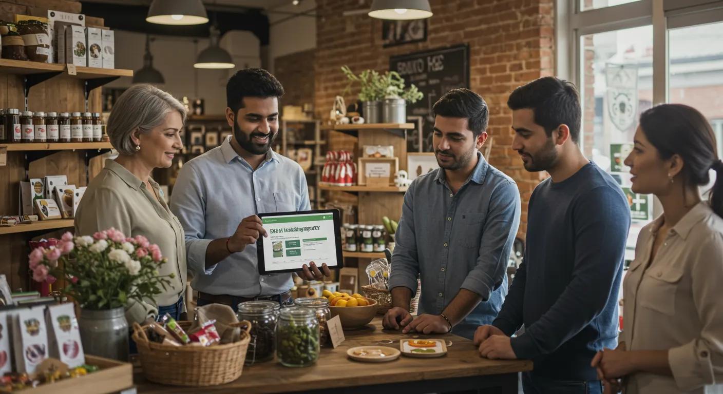 Small business owner engaging with customers in a local shop, highlighting the importance of local digital marketing