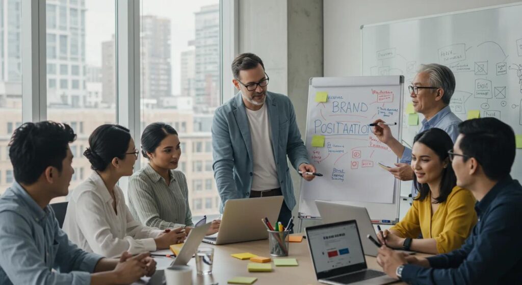 A team actively discussing brand positioning strategies in a dynamic, collaborative office setting