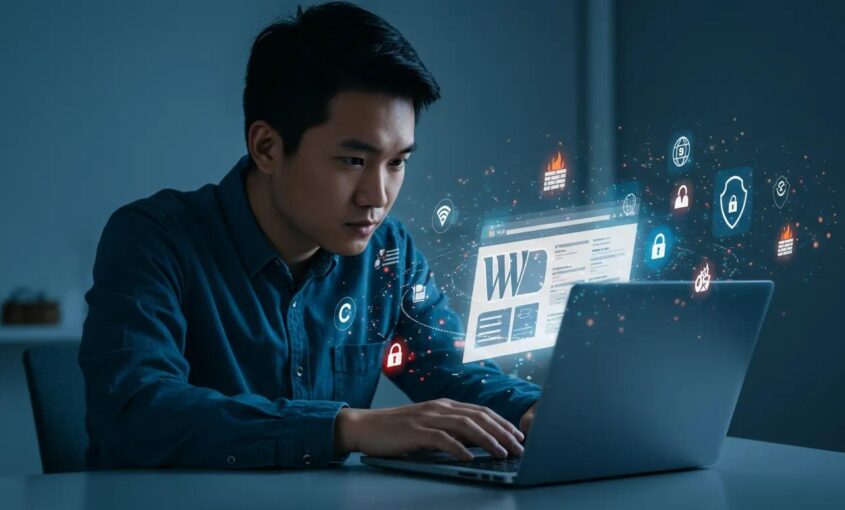 Visualizing a person diligently assessing WordPress website security on a laptop, surrounded by abstract cybersecurity icons.