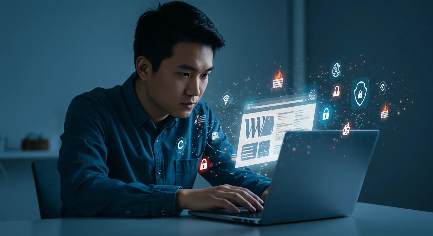 Visualizing a person diligently assessing WordPress website security on a laptop, surrounded by abstract cybersecurity icons.