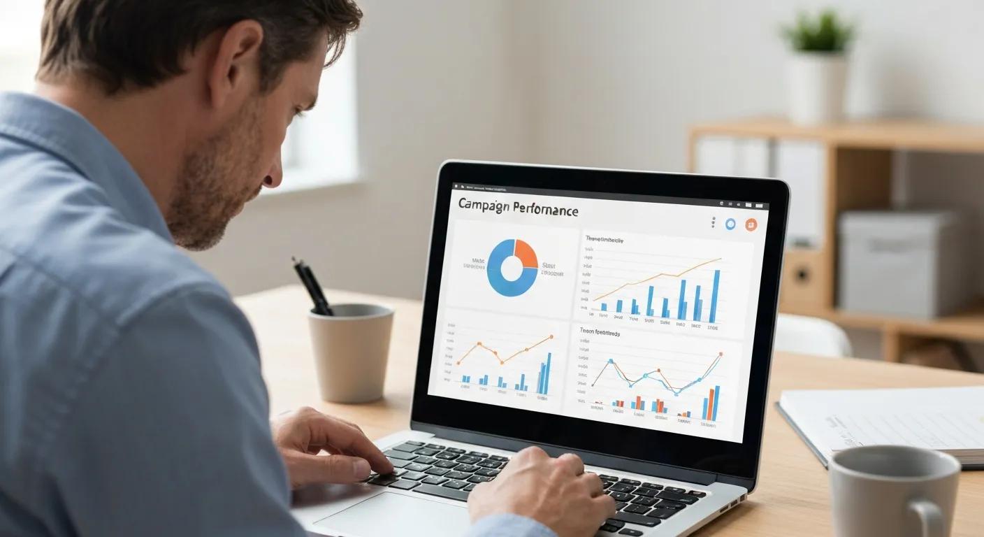 A focused marketer analyzing campaign performance trends on a clean laptop screen, with a calm office workspace in the background to symbolize clear results timelines.
