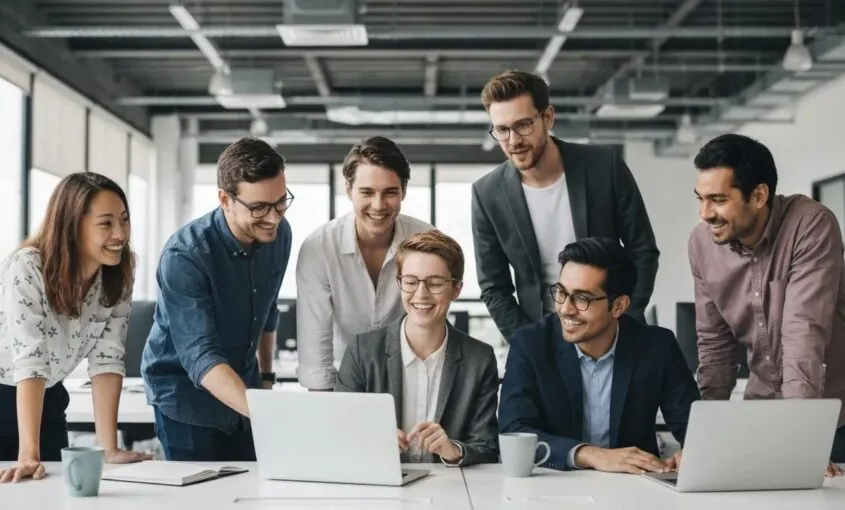 Diverse professionals collaborating on advanced SEO strategies around a laptop in a modern office setting