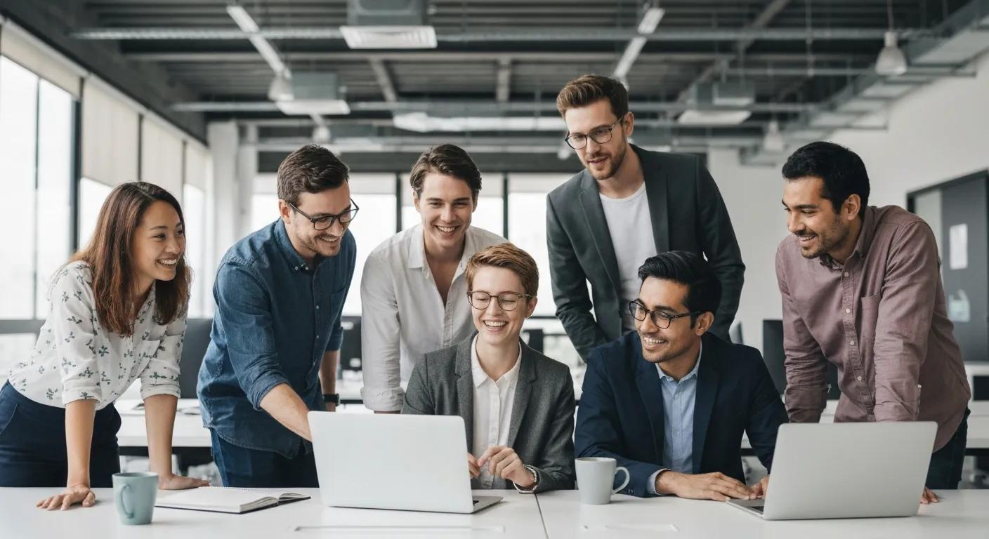 Diverse professionals collaborating on advanced SEO strategies around a laptop in a modern office setting