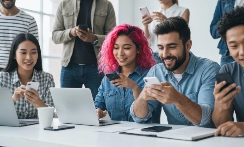 Diverse professionals engaging with social media, symbolizing measurable campaign success.